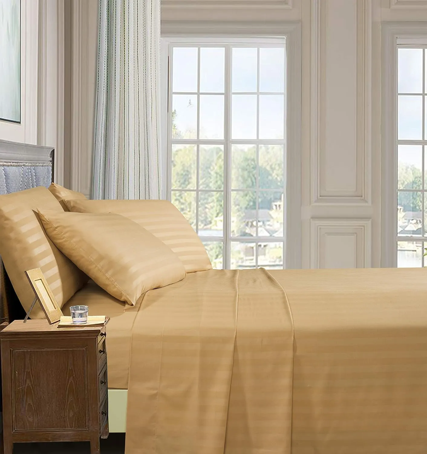 Elegant Comfort Best, Softest, Coziest 6-Piece Sheet Sets! - 1500 Premier Hotel Quality Luxurious Wrinkle Resistant 6-Piece Damask Stripe Bed Sheet Set, Queen Camel/Gold