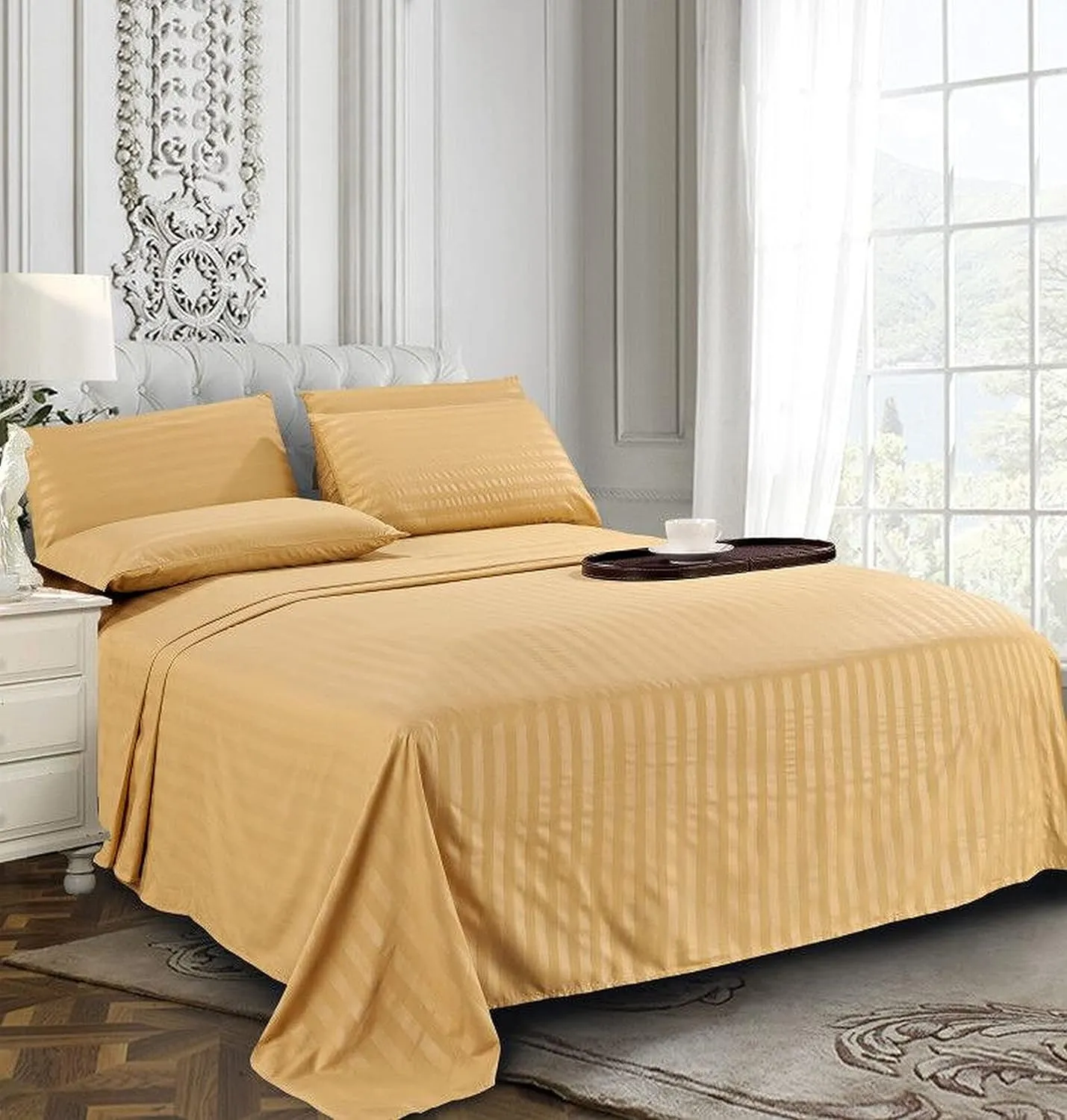 Elegant Comfort Best, Softest, Coziest 6-Piece Sheet Sets! - 1500 Premier Hotel Quality Luxurious Wrinkle Resistant 6-Piece Damask Stripe Bed Sheet Set, Queen Camel/Gold