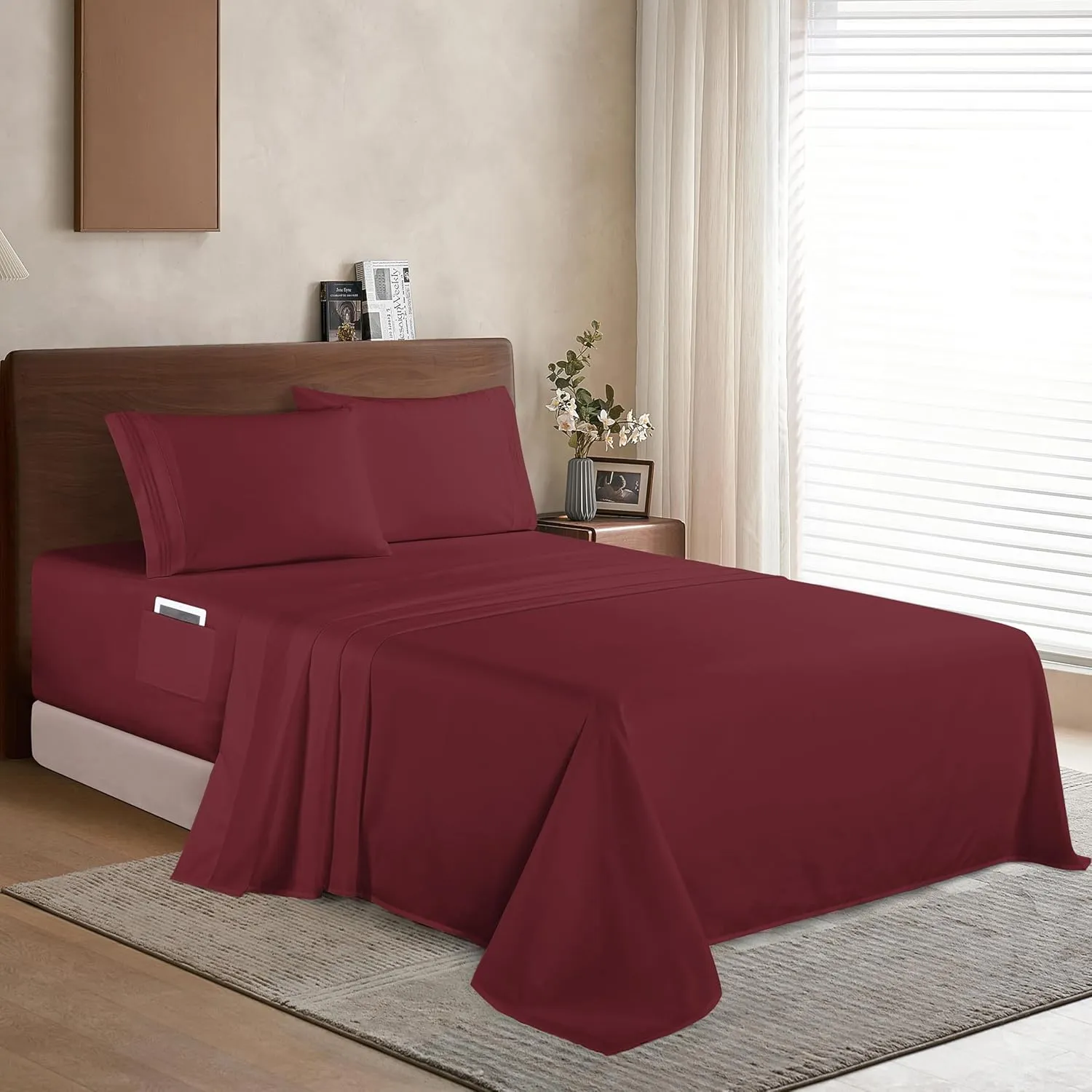 Elegant Comfort Luxury 1500 Premium Hotel Quality Microfiber 4-Piece Sheet Set - Soft, All Around Elastic 18-24 Inches Deep Fitted Sheet - Extra Deep Pocket Sheets, King, Burgundy