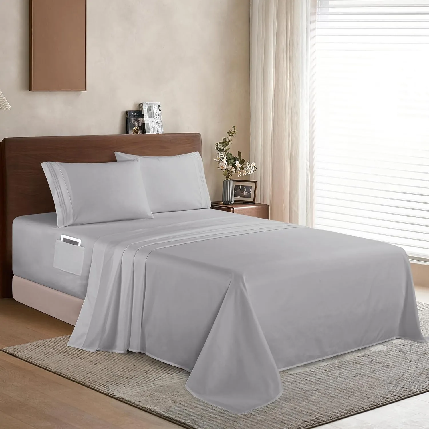Elegant Comfort Luxury 1500 Premium Hotel Quality Microfiber 4-Piece Sheet Set - Soft, All Around Elastic 18-24 Inches Deep Fitted Sheet - Extra Deep Pocket Sheets, King, Silver Grey
