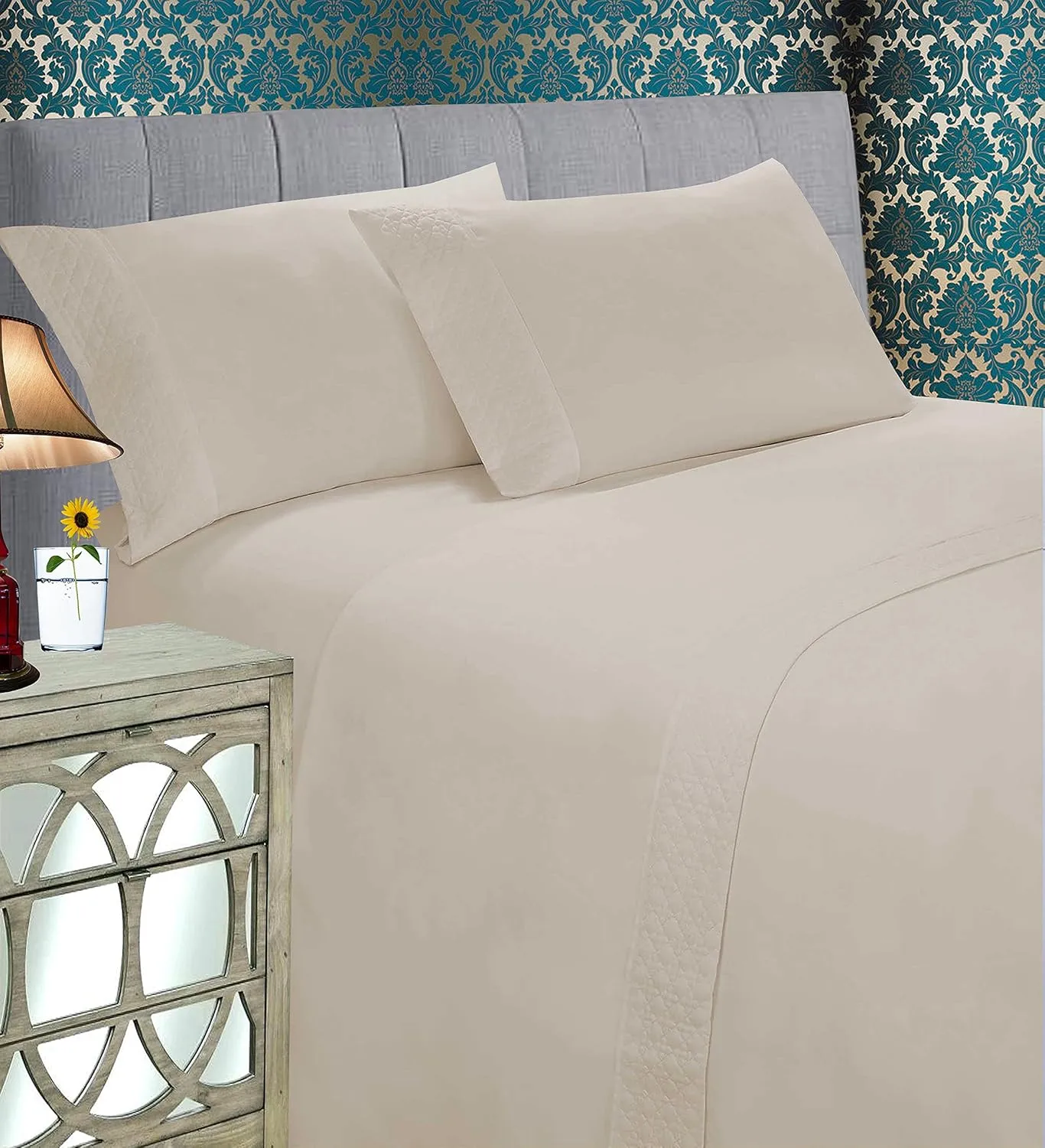 Elegant Comfort Luxury Best, Soft Coziest 4-Piece Bed Sheet Set! 1500 Premier Hotel Quality | Quilted Design on Flat Sheet and Pillowcases | Wrinkle Free, 100%, Full, Cream