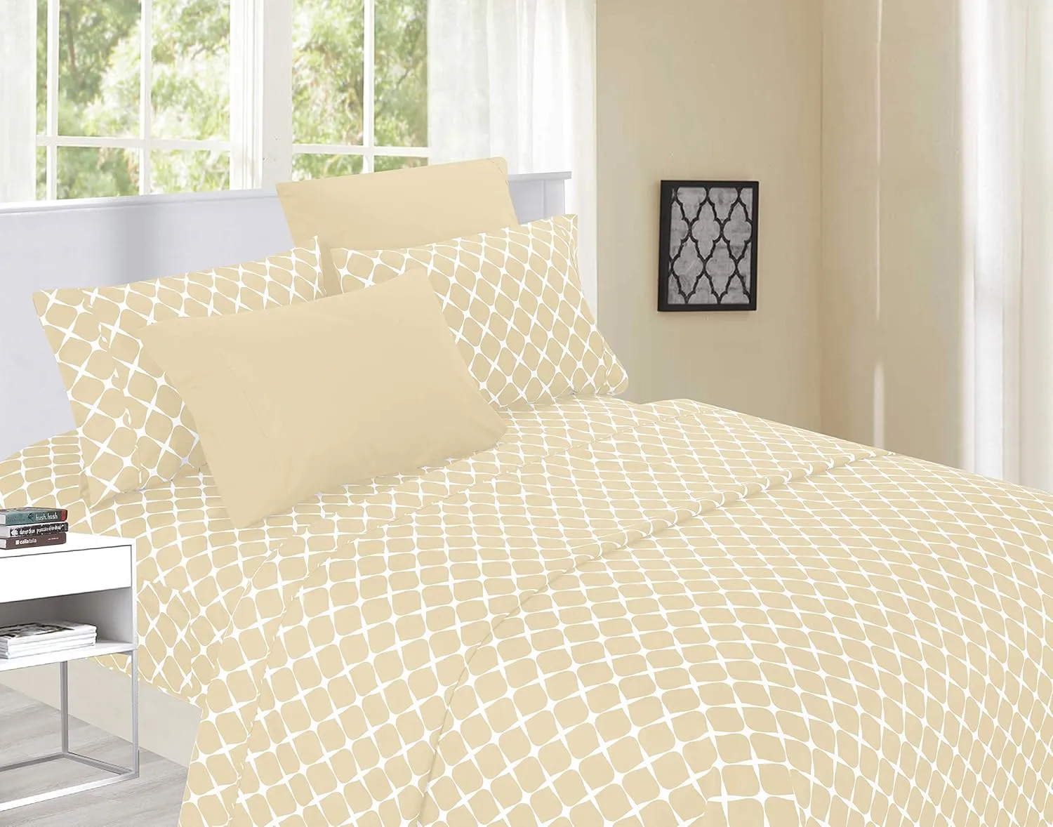 Elegant Comfort Luxury Soft Bed Sheets Bloomingdale Pattern - 1500 Premium Hotel Quality Microfiber Softness Wrinkle and Fade Resistant (6-Piece) Bedding Set, Queen, Linen Cream