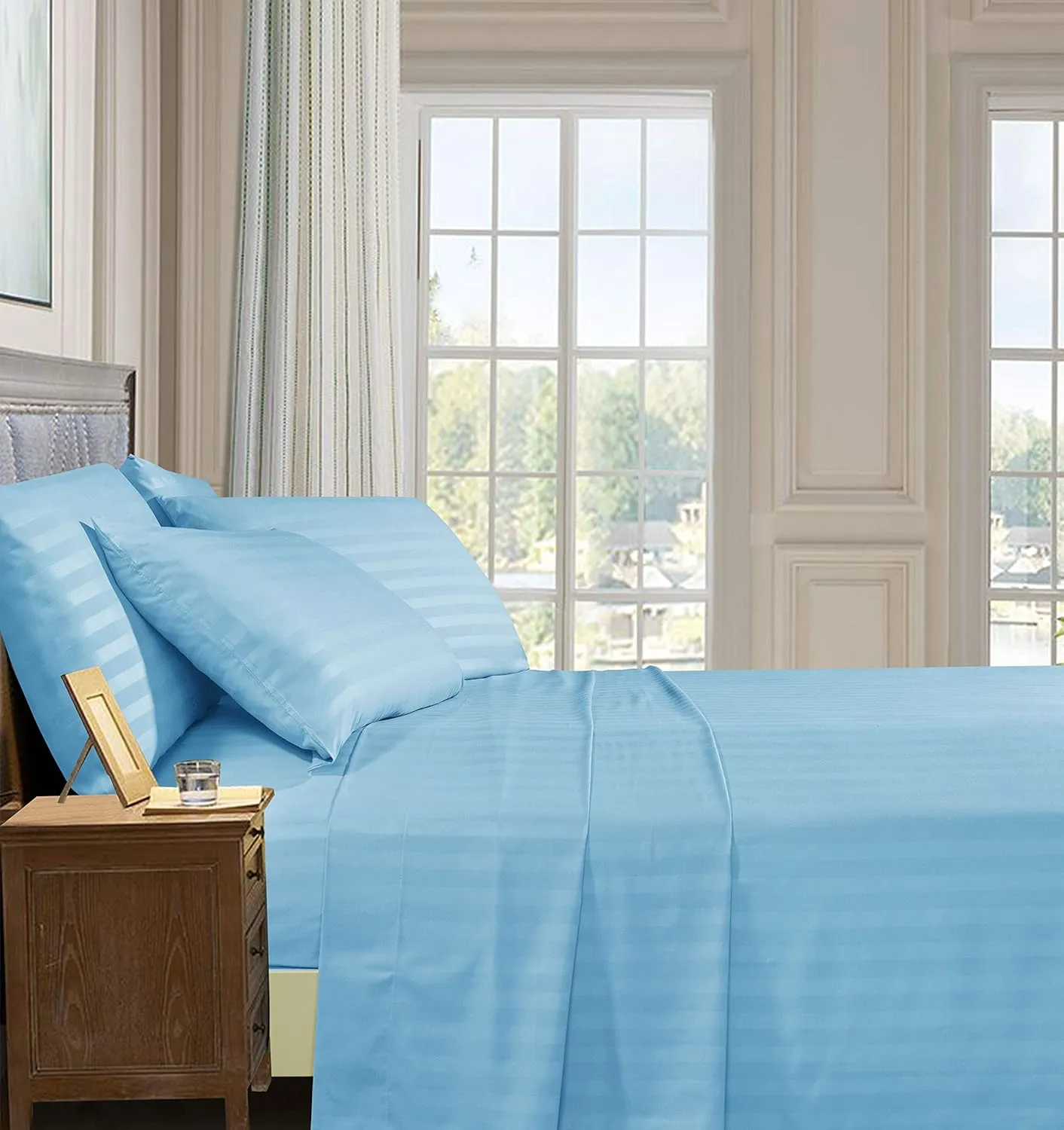 Elegant Comfort Softest and Coziest 4-Piece Sheet Set - 1500 Premium Hotel Quality Microfiber - Luxurious Wrinkle Resistant 4-Piece Damask Stripe Bed Sheet Set, Twin, Aqua Blue