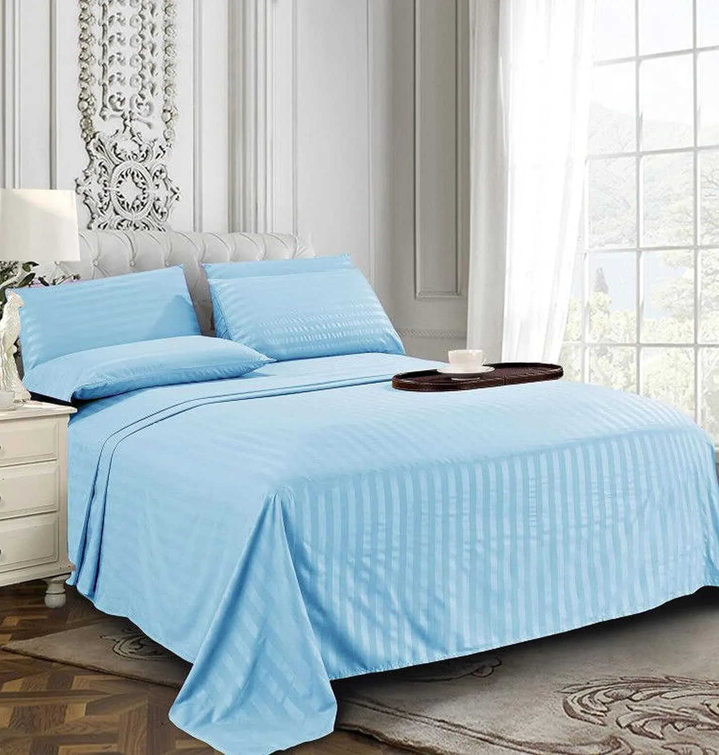 Elegant Comfort Softest and Coziest 4-Piece Sheet Set - 1500 Premium Hotel Quality Microfiber - Luxurious Wrinkle Resistant 4-Piece Damask Stripe Bed Sheet Set, Twin, Aqua Blue