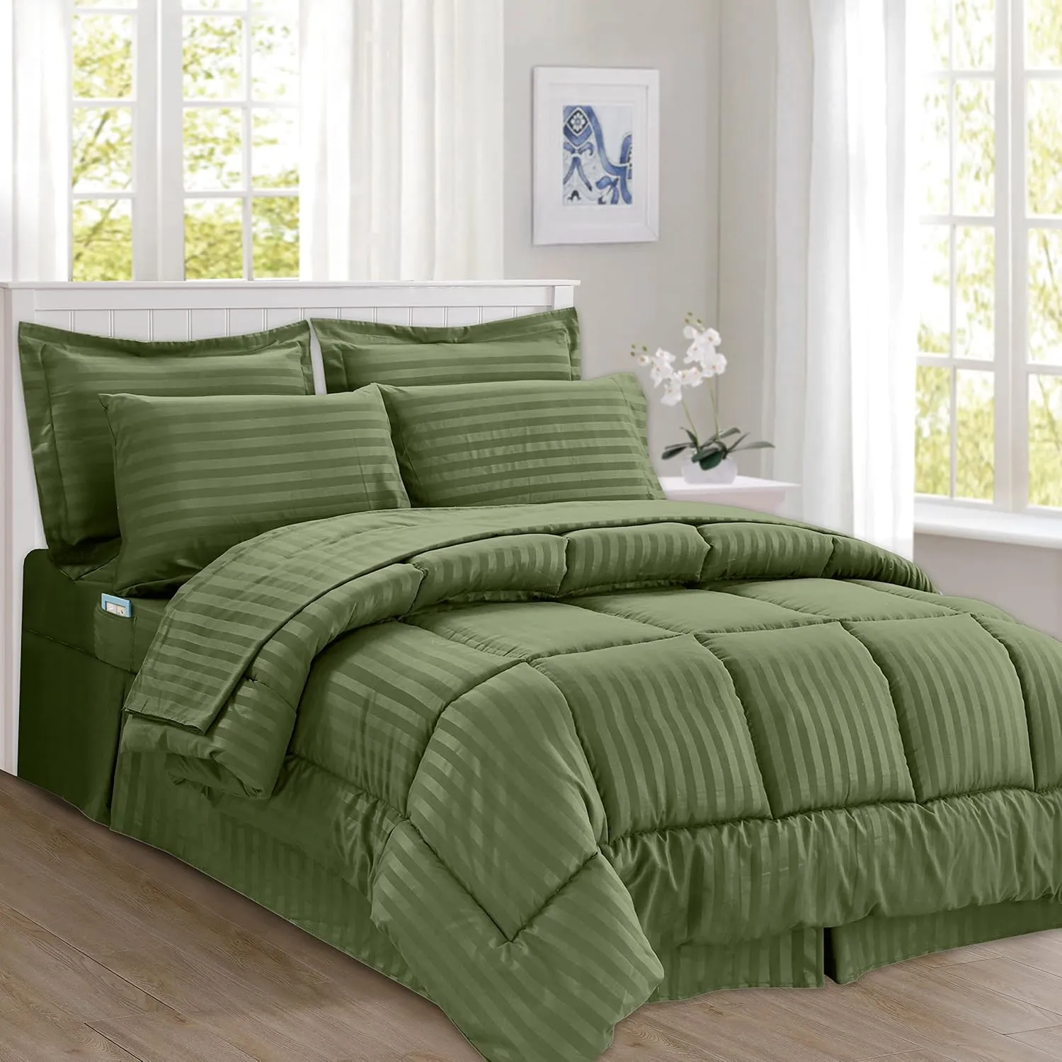 Elegant Comfort Wrinkle Resistant - Silky Soft Dobby Stripe Bed-in-a-Bag 8-Piece Comforter Set - Full/Queen, Sage