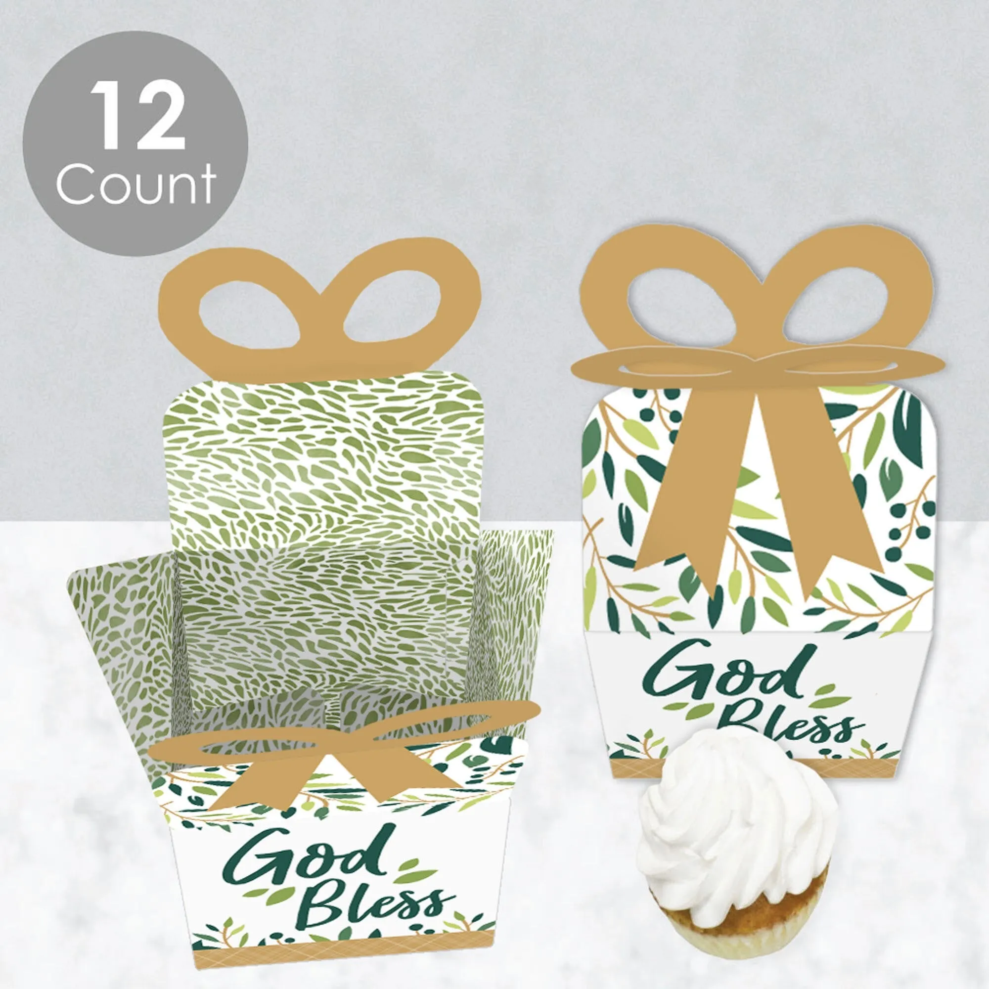 Elegant Cross - Square Favor Gift Boxes - Religious Party Bow Boxes - Set of 12