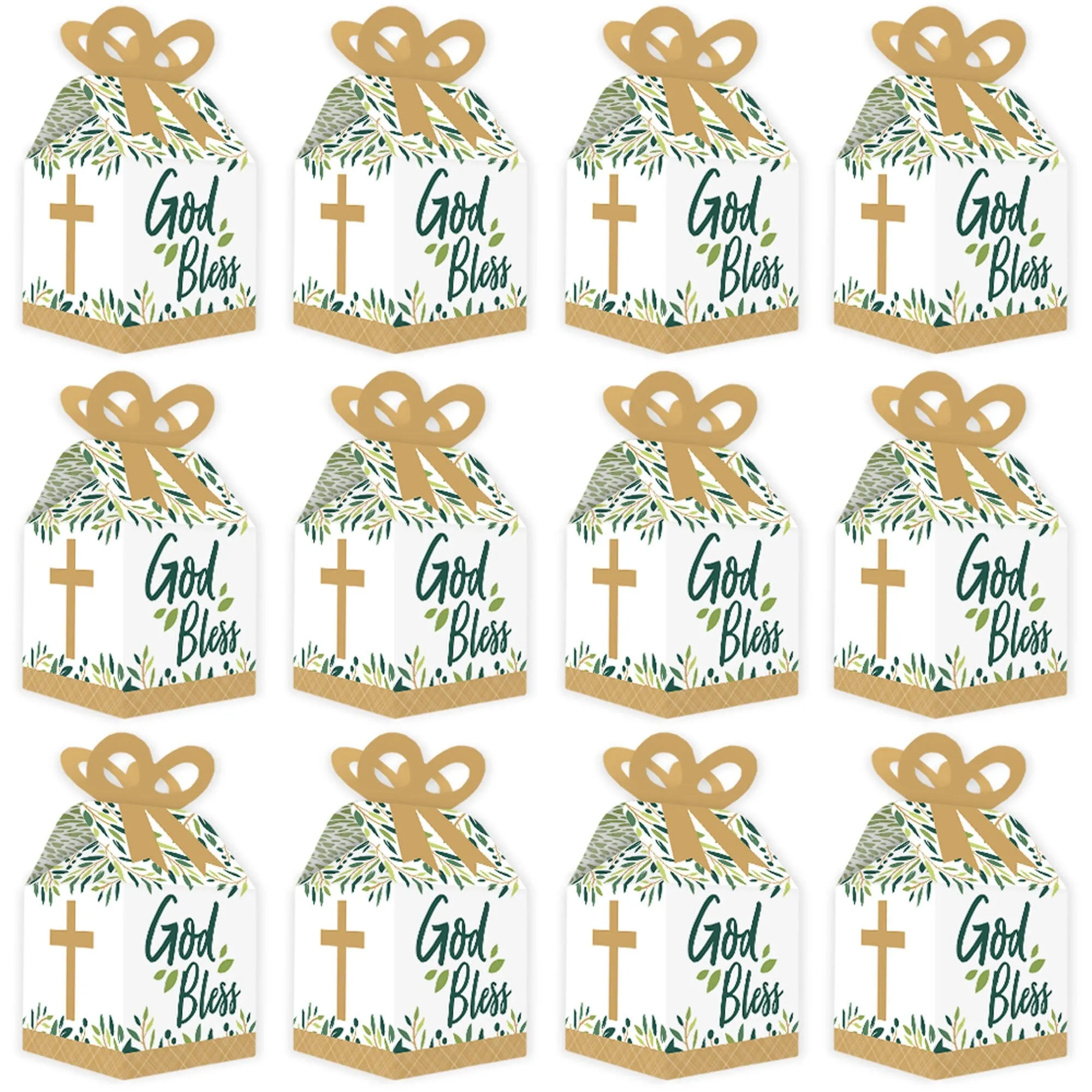 Elegant Cross - Square Favor Gift Boxes - Religious Party Bow Boxes - Set of 12