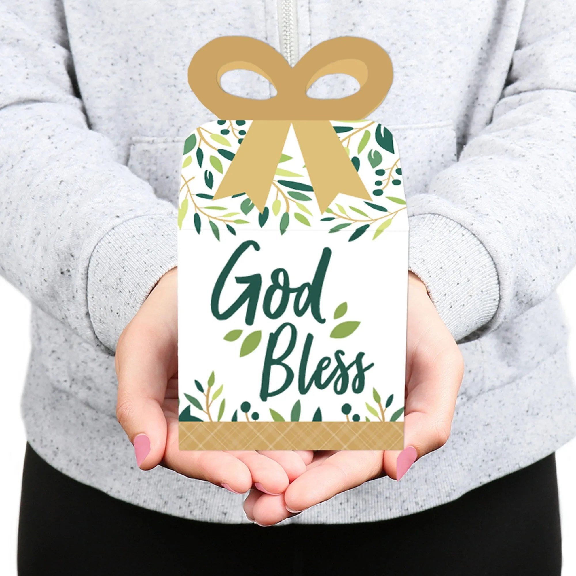 Elegant Cross - Square Favor Gift Boxes - Religious Party Bow Boxes - Set of 12