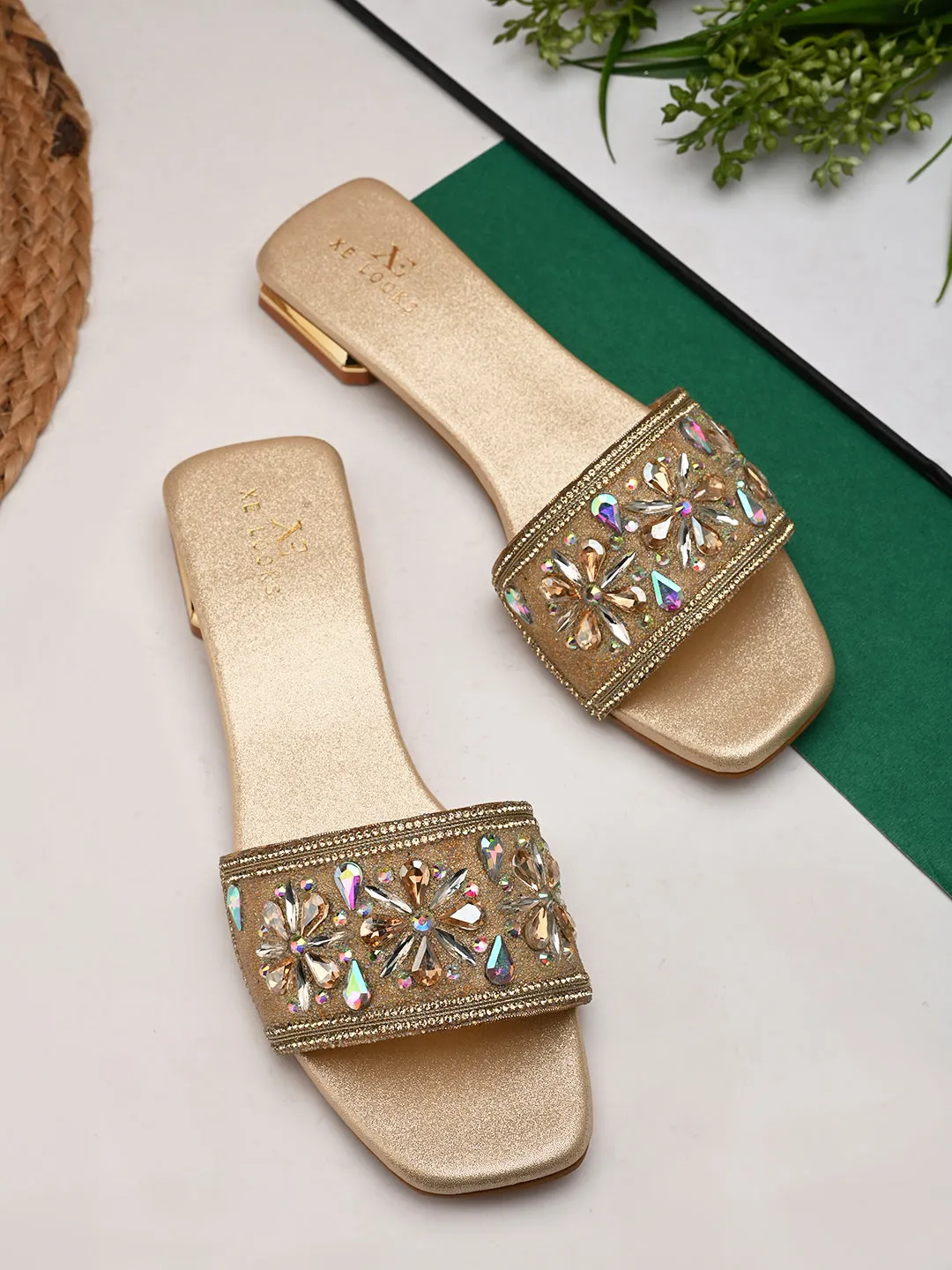 Elegant Floral Stones Embellished Flat Slippers
