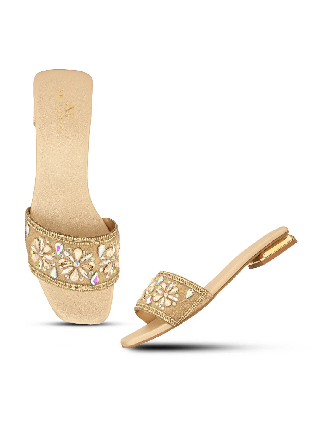 Elegant Floral Stones Embellished Flat Slippers