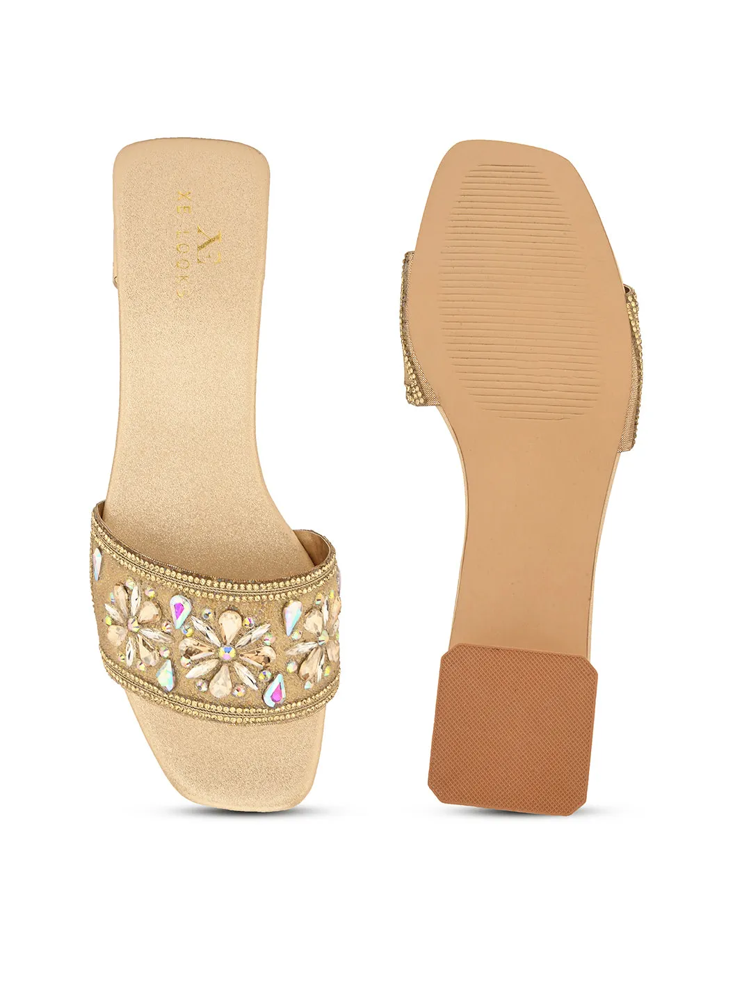 Elegant Floral Stones Embellished Flat Slippers