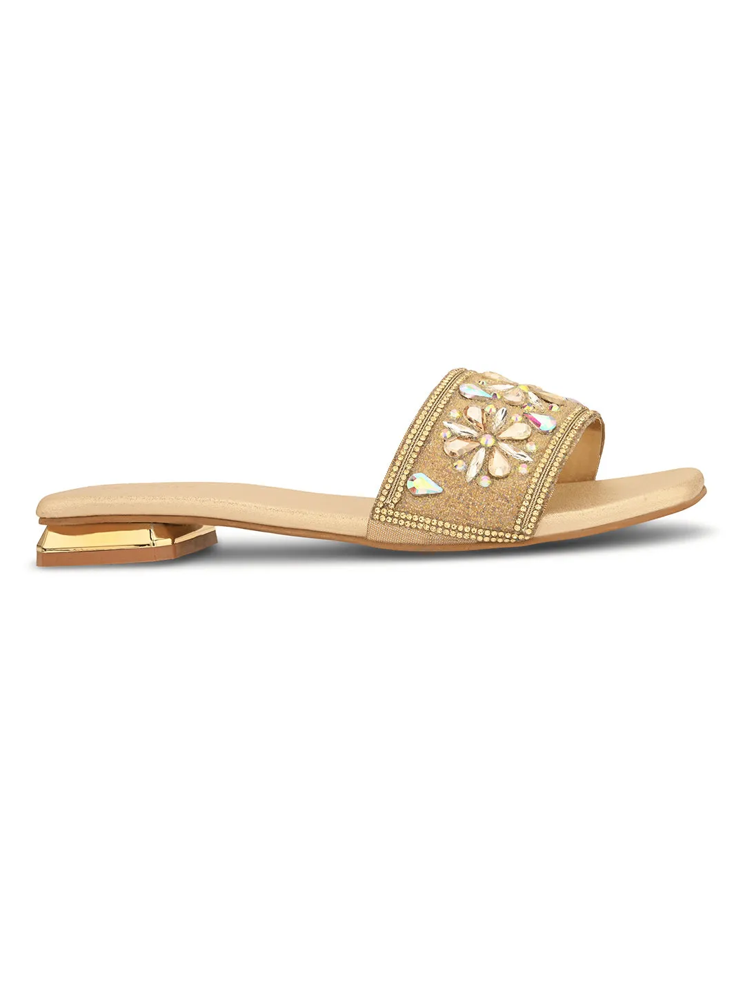 Elegant Floral Stones Embellished Flat Slippers