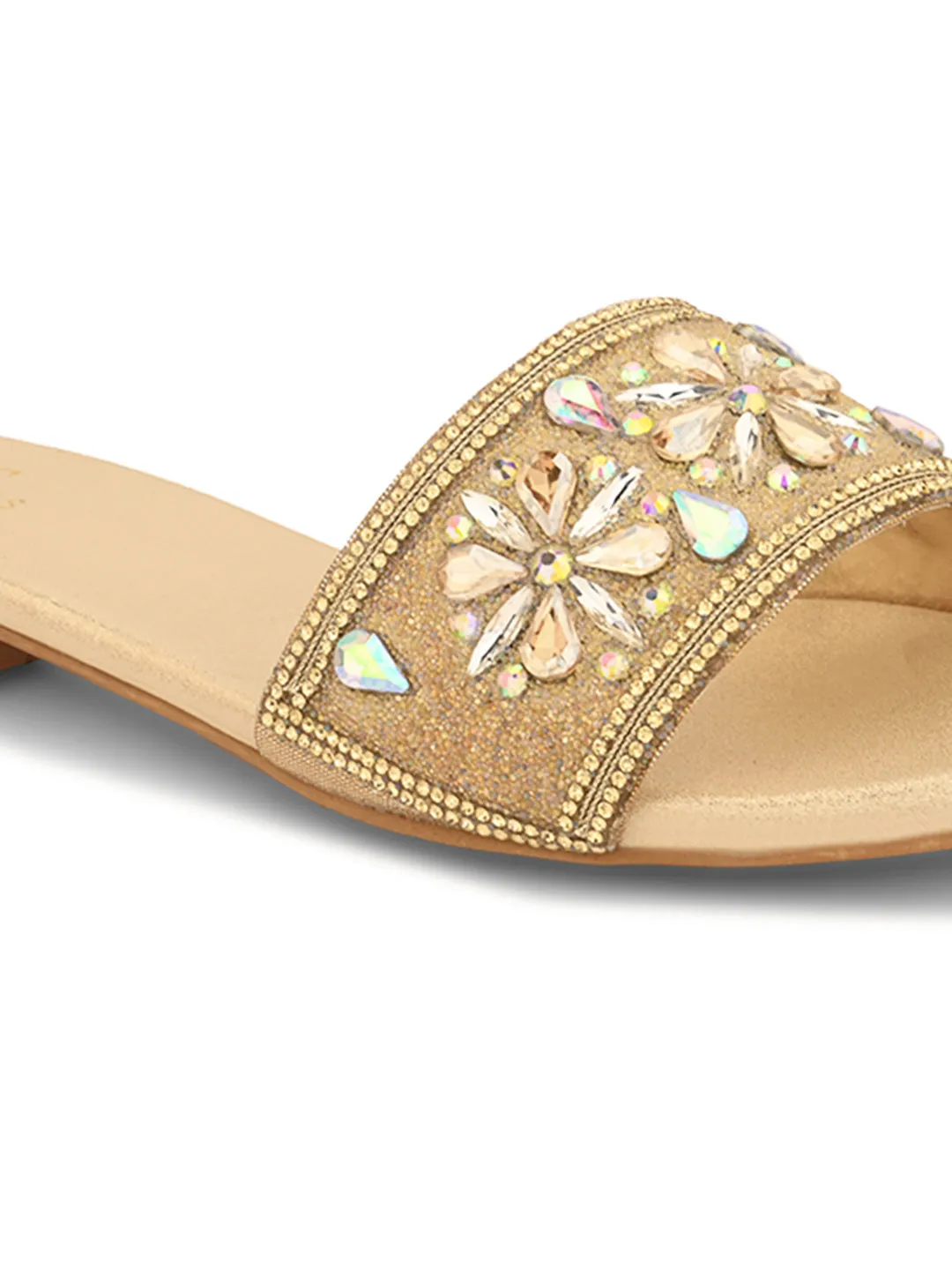 Elegant Floral Stones Embellished Flat Slippers