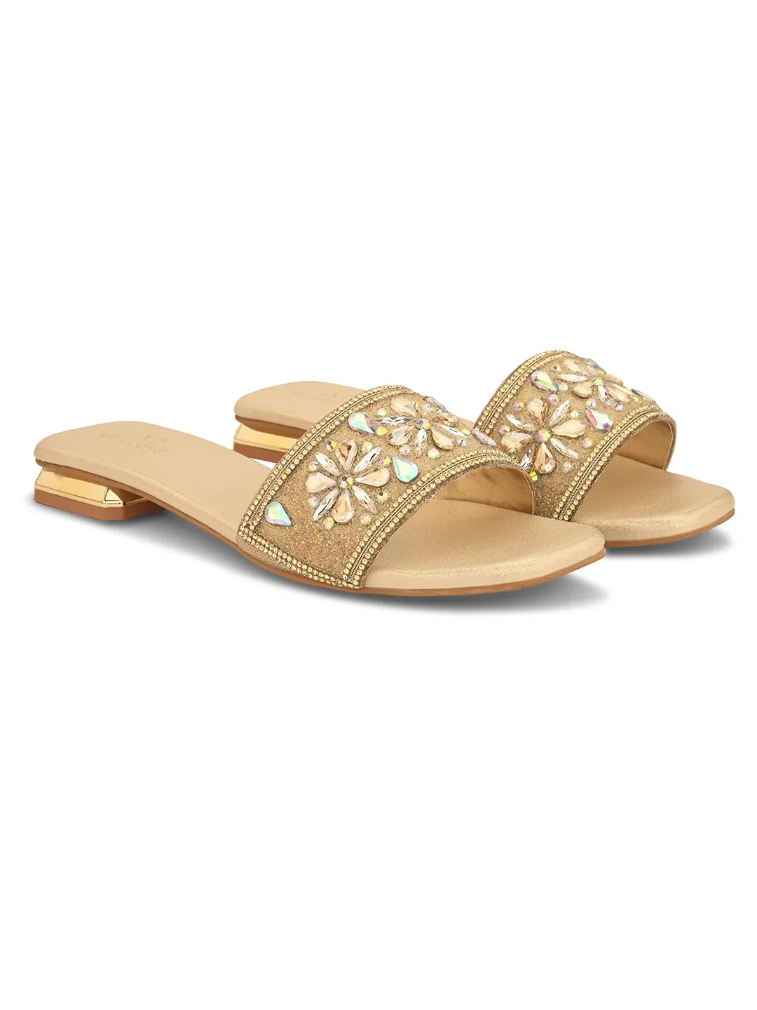 Elegant Floral Stones Embellished Flat Slippers