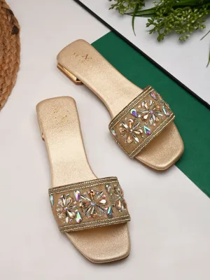 Elegant Floral Stones Embellished Flat Slippers