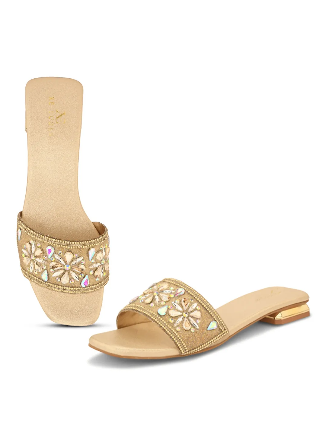 Elegant Floral Stones Embellished Flat Slippers