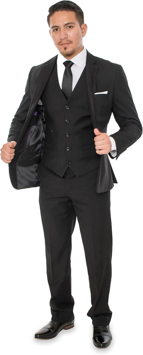 Elegant Men's Black Two Button Three Piece Suit