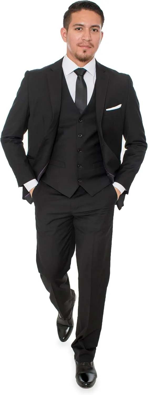 Elegant Men's Black Two Button Three Piece Suit