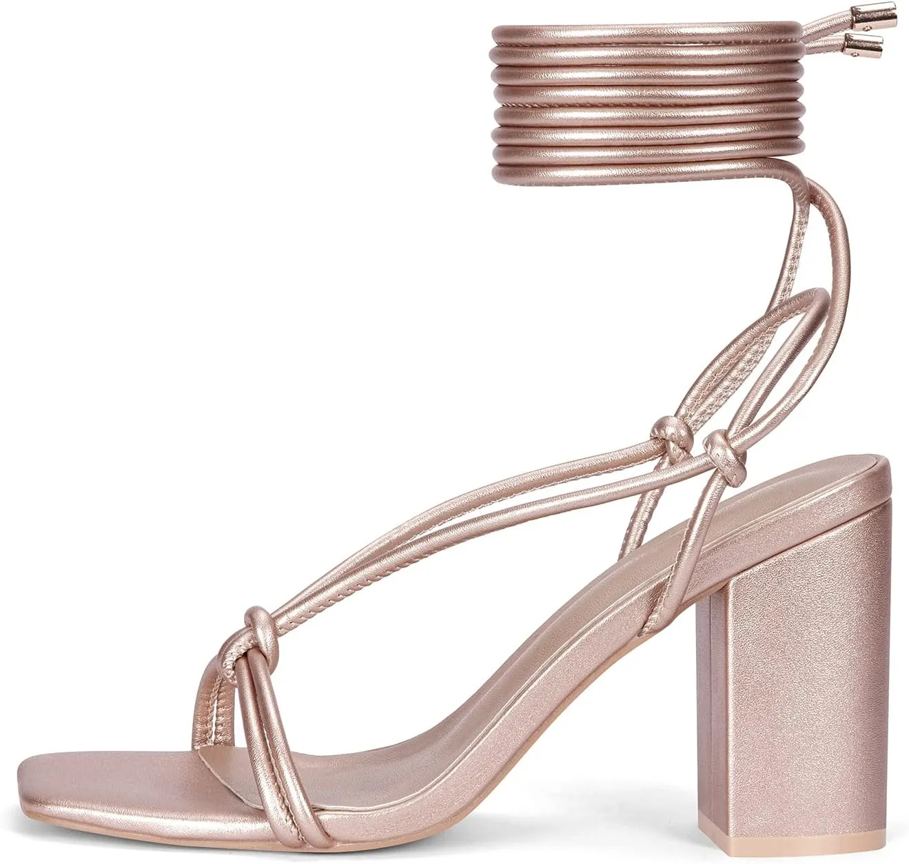 Elisabet Tang Women's Strappy Chunky Heels Sandals, 3 inch Low Block Heels Lace Up Ankle Wrap Heel Square Open Toe Tie Up Heeled Sandals Shoes