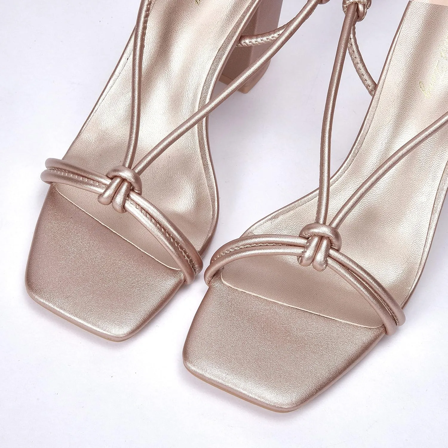 Elisabet Tang Women's Strappy Chunky Heels Sandals, 3 inch Low Block Heels Lace Up Ankle Wrap Heel Square Open Toe Tie Up Heeled Sandals Shoes