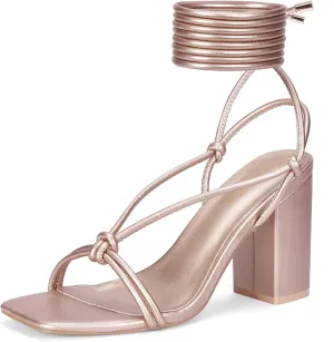 Elisabet Tang Women's Strappy Chunky Heels Sandals, 3 inch Low Block Heels Lace Up Ankle Wrap Heel Square Open Toe Tie Up Heeled Sandals Shoes