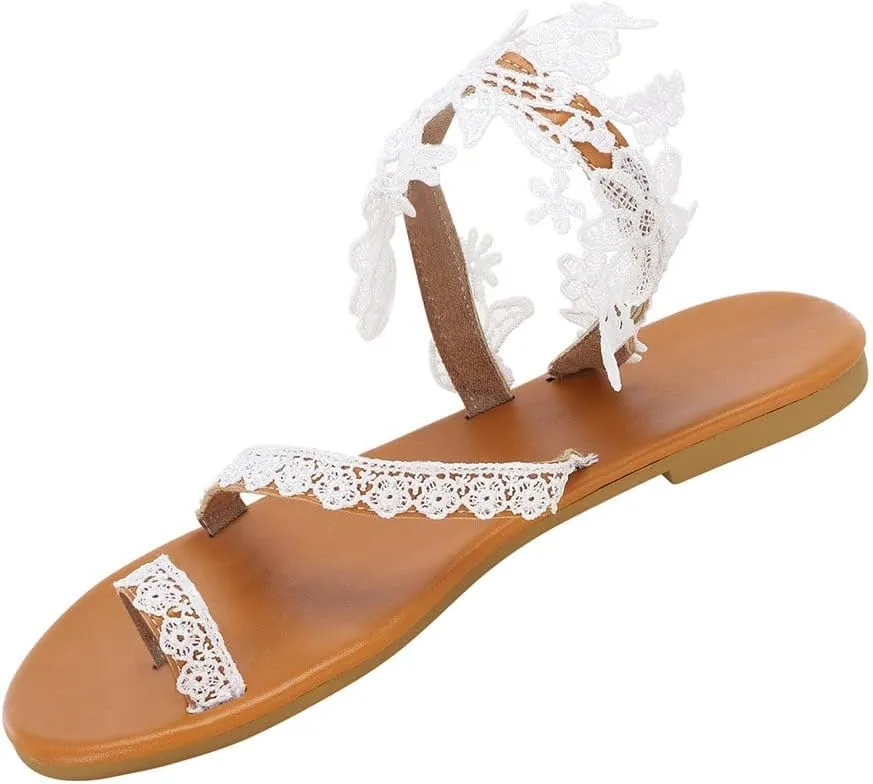 EMRELOD Women's Sandals Flat Clip Toe Casual Lace Floral Beach Flip Flop Comfy Shoes Summer Elegant Toe Ring Roman Sandals Slip On Boho Dressy Traval Sandal (White, 8)