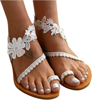 EMRELOD Women's Sandals Flat Clip Toe Casual Lace Floral Beach Flip Flop Comfy Shoes Summer Elegant Toe Ring Roman Sandals Slip On Boho Dressy Traval Sandal (White, 8)