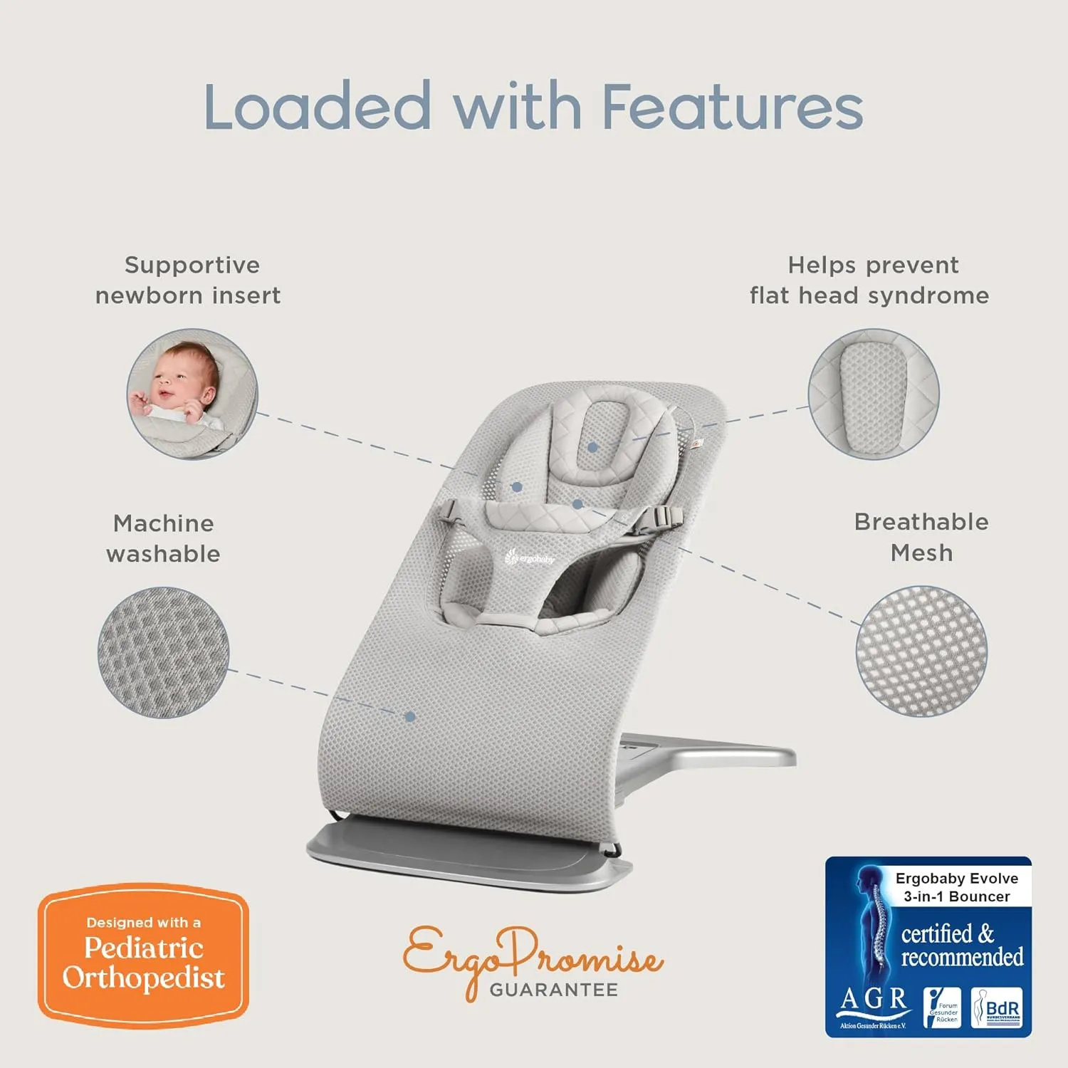 Ergobaby Evolve 3-in-1 Mesh Bouncer, Adjustable Multi Position Baby Bouncer Seat, Fits Newborn to Toddler, Cream Mesh