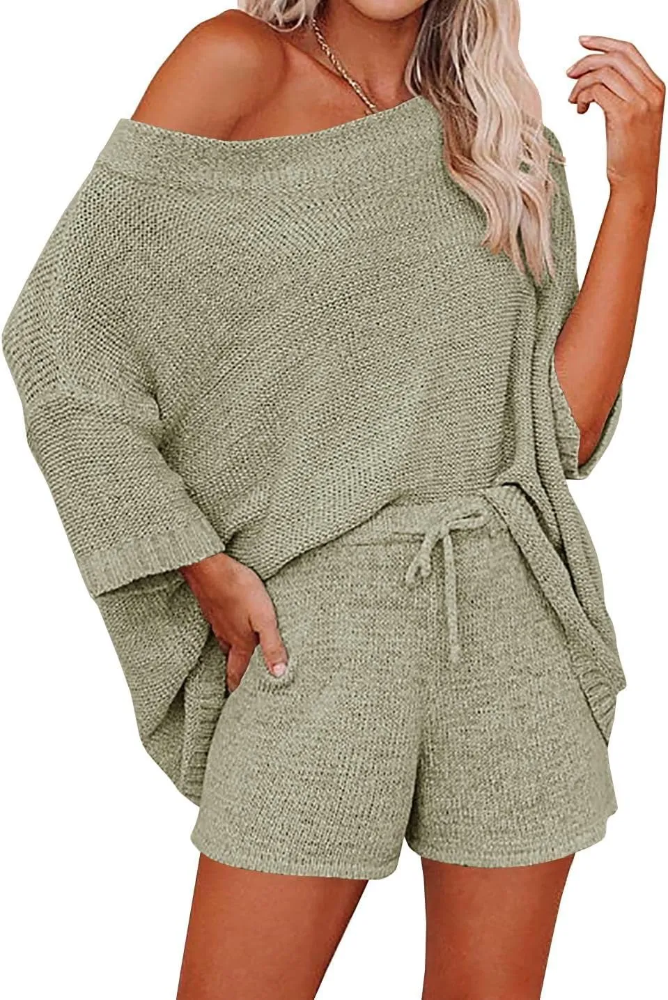 Ermonn Womens 2 Piece Outfits Sweater Sets Off Shoulder Knit Tops Waist Short Suits Casual Pajama Set