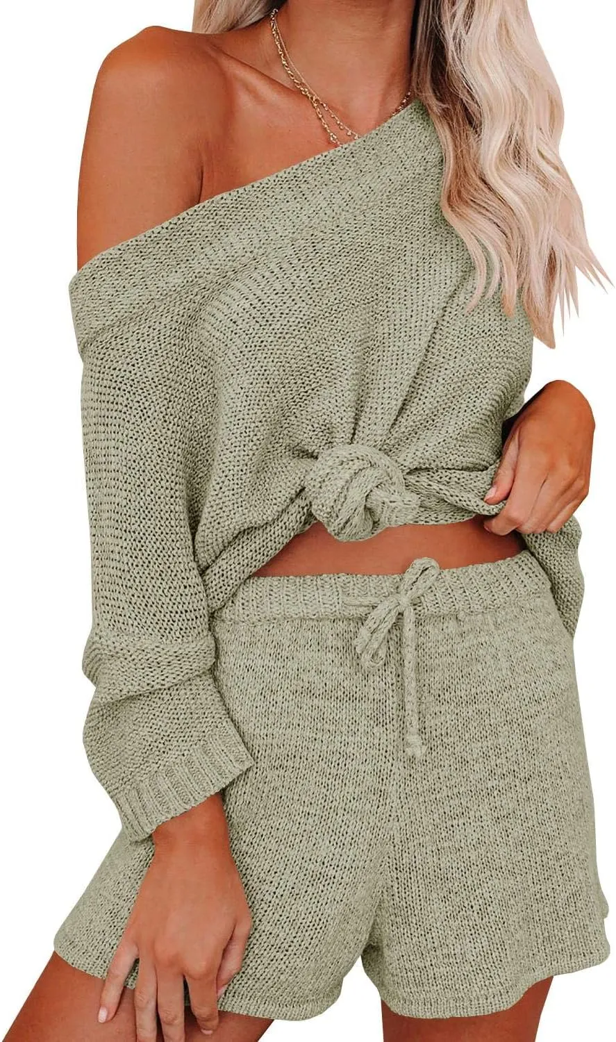 Ermonn Womens 2 Piece Outfits Sweater Sets Off Shoulder Knit Tops Waist Short Suits Casual Pajama Set
