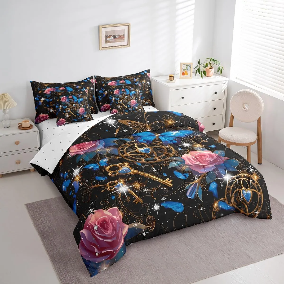 Erosebridal Blue Butterfly Comforter Set 7 Piece Pink Rose Floral Bedding Set Queen for Teen Girls Women Romantic Starry Sky Stars Flowers Bed in A Bag with Sheets Boho Exotic Reversible Bed Set