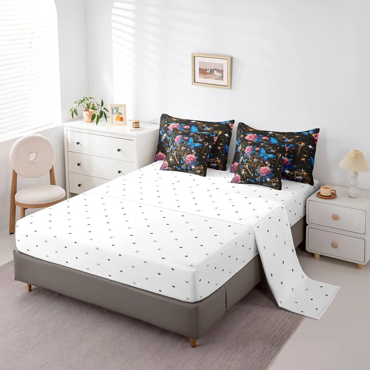Erosebridal Blue Butterfly Comforter Set 7 Piece Pink Rose Floral Bedding Set Queen for Teen Girls Women Romantic Starry Sky Stars Flowers Bed in A Bag with Sheets Boho Exotic Reversible Bed Set