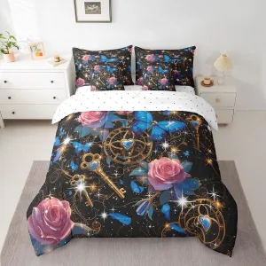 Erosebridal Blue Butterfly Comforter Set 7 Piece Pink Rose Floral Bedding Set Queen for Teen Girls Women Romantic Starry Sky Stars Flowers Bed in A Bag with Sheets Boho Exotic Reversible Bed Set