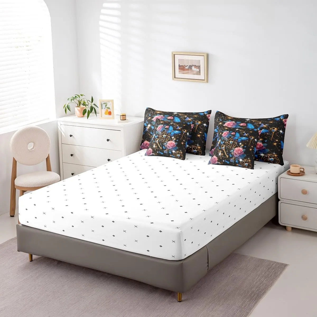 Erosebridal Blue Butterfly Comforter Set 7 Piece Pink Rose Floral Bedding Set Queen for Teen Girls Women Romantic Starry Sky Stars Flowers Bed in A Bag with Sheets Boho Exotic Reversible Bed Set