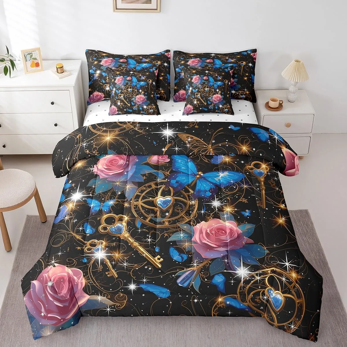 Erosebridal Blue Butterfly Comforter Set 7 Piece Pink Rose Floral Bedding Set Queen for Teen Girls Women Romantic Starry Sky Stars Flowers Bed in A Bag with Sheets Boho Exotic Reversible Bed Set
