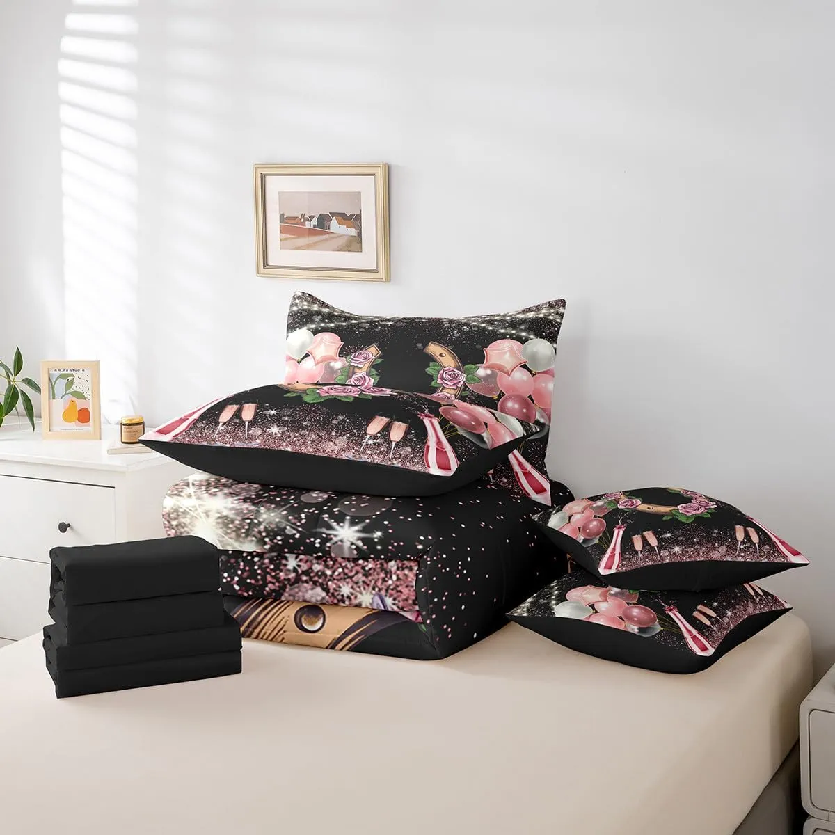 Erosebridal Disco Cowgirl Girls Full Comforter Set 7 Piece,Rose Horseshoe Bed in A Bag with Sheets for Kids Teen Women,Pink Western Cowboy Cowgirl Bedding Set Wild Western Sheet Set with Comforter