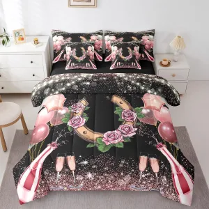 Erosebridal Disco Cowgirl Girls Full Comforter Set 7 Piece,Rose Horseshoe Bed in A Bag with Sheets for Kids Teen Women,Pink Western Cowboy Cowgirl Bedding Set Wild Western Sheet Set with Comforter
