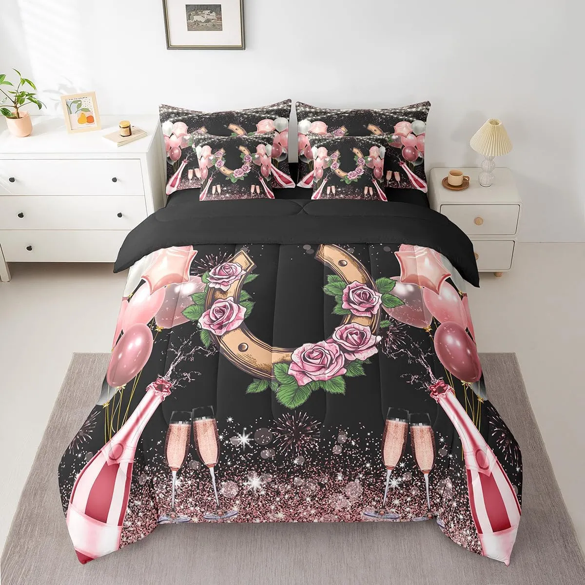 Erosebridal Disco Cowgirl Girls Full Comforter Set 7 Piece,Rose Horseshoe Bed in A Bag with Sheets for Kids Teen Women,Pink Western Cowboy Cowgirl Bedding Set Wild Western Sheet Set with Comforter