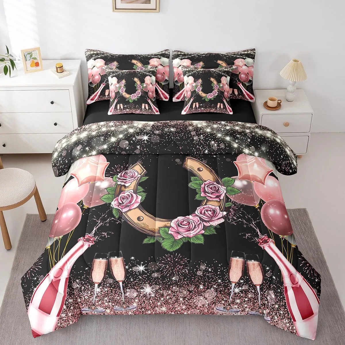 Erosebridal Disco Cowgirl Girls Full Comforter Set 7 Piece,Rose Horseshoe Bed in A Bag with Sheets for Kids Teen Women,Pink Western Cowboy Cowgirl Bedding Set Wild Western Sheet Set with Comforter