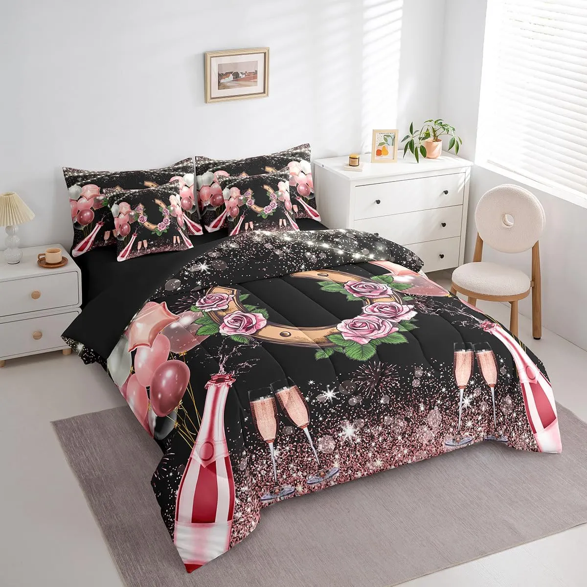 Erosebridal Disco Cowgirl Girls Full Comforter Set 7 Piece,Rose Horseshoe Bed in A Bag with Sheets for Kids Teen Women,Pink Western Cowboy Cowgirl Bedding Set Wild Western Sheet Set with Comforter