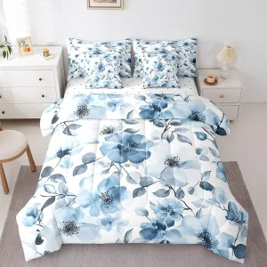 Erosebridal Elegant Flowers Bed in A Bag Queen Size, Watercolor Botanical Floral Decor Bedding Sets for Girls Women Blue and White Bed Set Bedroom Decor 7 Pieces with 2 Pillowcases