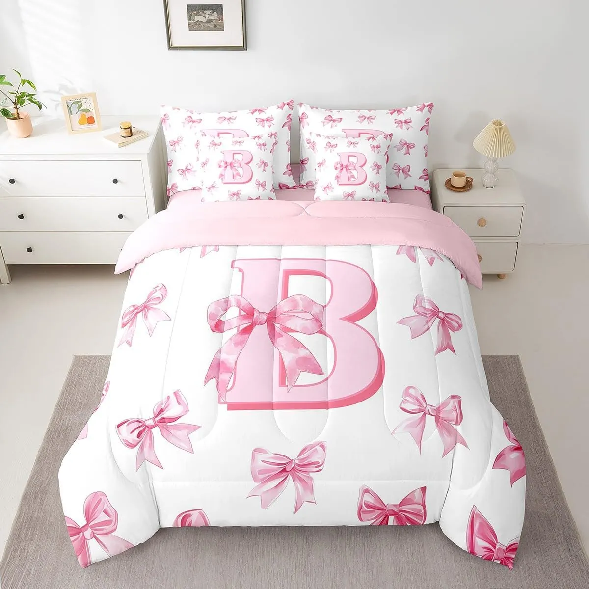 Erosebridal Pink Bowknot Bedding Set for Girls,Initial Letter B Twin Comforter Set 7 Piece for Kids Teen Women Room Decor,Pink Monogrammed Bed in A Bag with Sheets Dreamy Princess Bow Bed Set