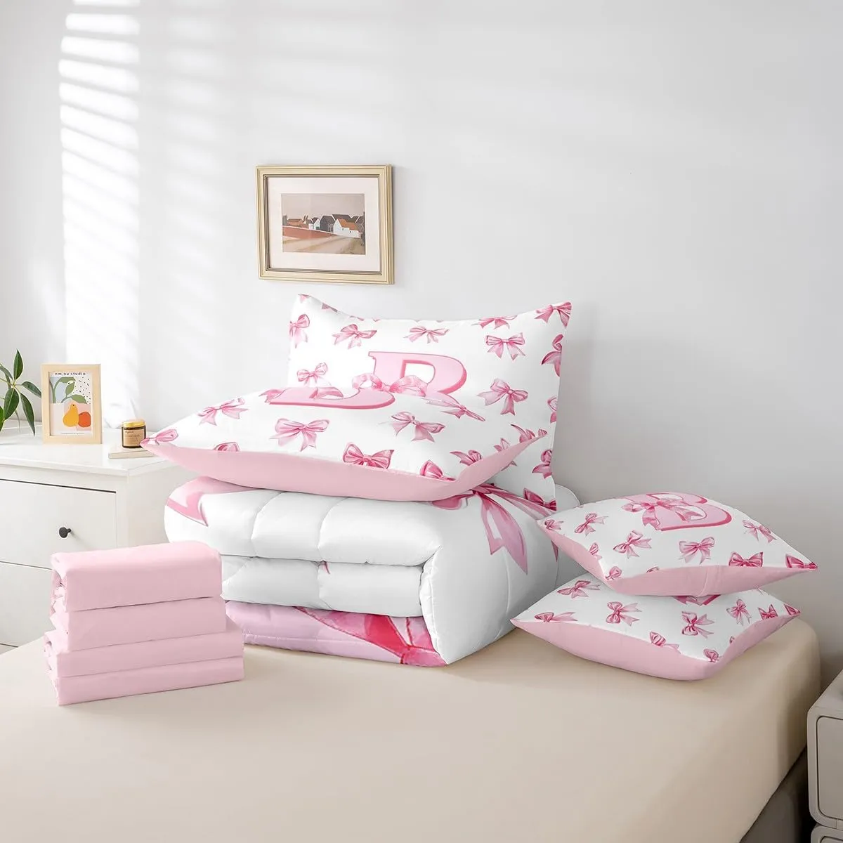 Erosebridal Pink Bowknot Bedding Set for Girls,Initial Letter B Twin Comforter Set 7 Piece for Kids Teen Women Room Decor,Pink Monogrammed Bed in A Bag with Sheets Dreamy Princess Bow Bed Set