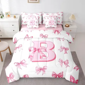 Erosebridal Pink Bowknot Bedding Set for Girls,Initial Letter B Twin Comforter Set 7 Piece for Kids Teen Women Room Decor,Pink Monogrammed Bed in A Bag with Sheets Dreamy Princess Bow Bed Set