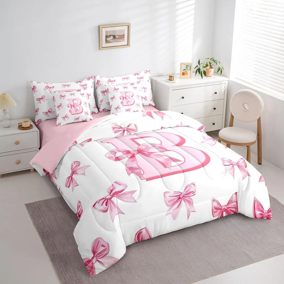 Erosebridal Pink Bowknot Bedding Set for Girls,Initial Letter B Twin Comforter Set 7 Piece for Kids Teen Women Room Decor,Pink Monogrammed Bed in A Bag with Sheets Dreamy Princess Bow Bed Set