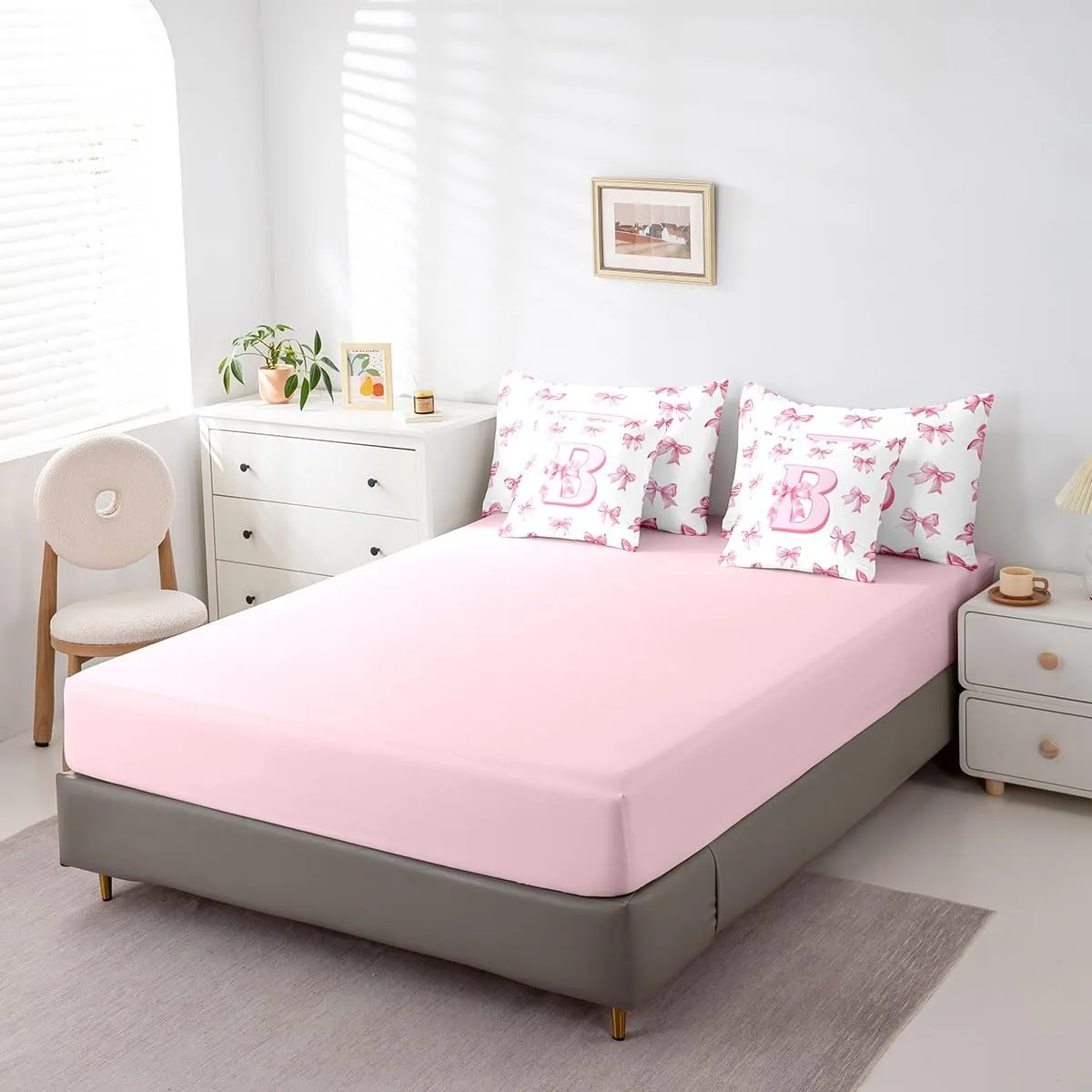 Erosebridal Pink Bowknot Bedding Set for Girls,Initial Letter B Twin Comforter Set 7 Piece for Kids Teen Women Room Decor,Pink Monogrammed Bed in A Bag with Sheets Dreamy Princess Bow Bed Set