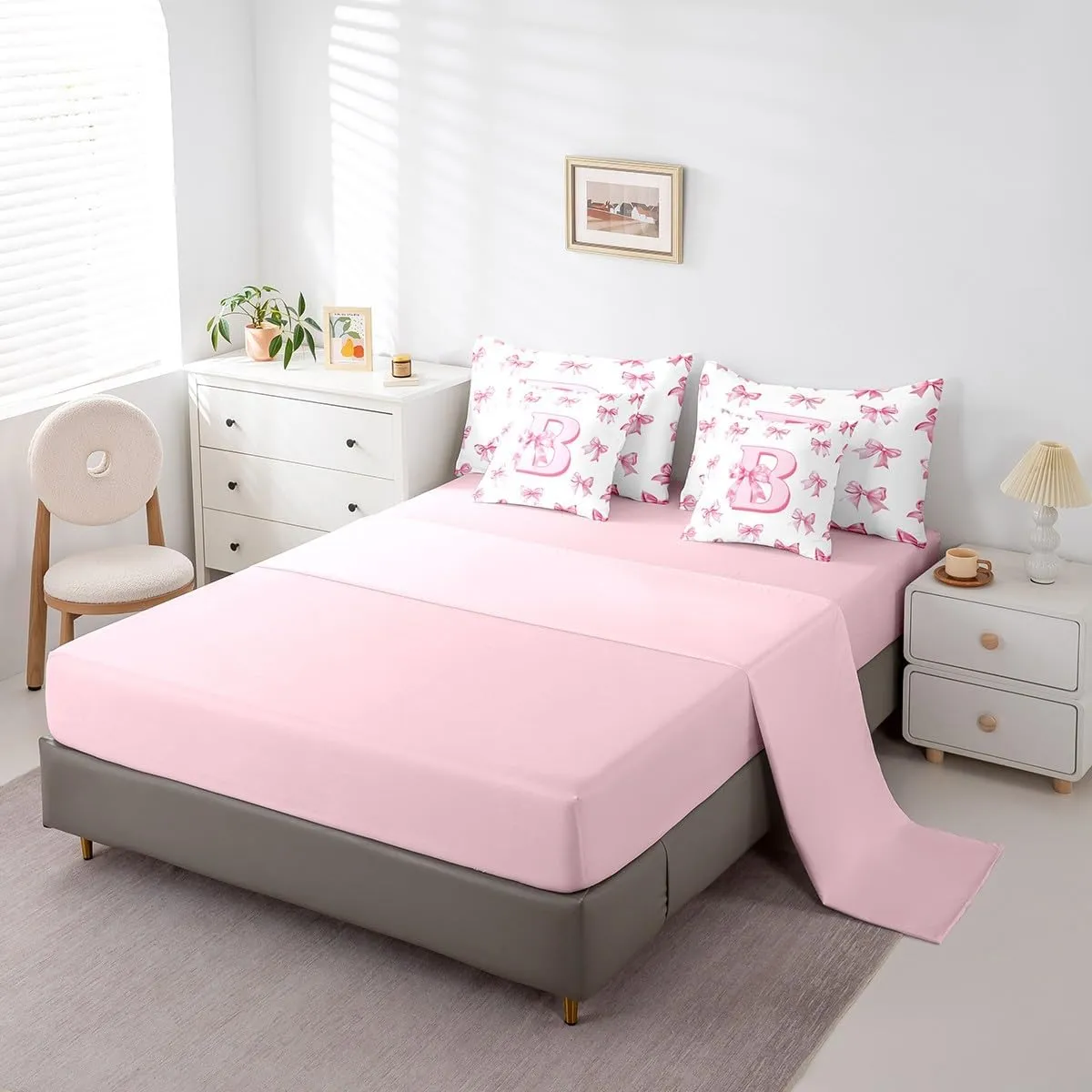 Erosebridal Pink Bowknot Bedding Set for Girls,Initial Letter B Twin Comforter Set 7 Piece for Kids Teen Women Room Decor,Pink Monogrammed Bed in A Bag with Sheets Dreamy Princess Bow Bed Set