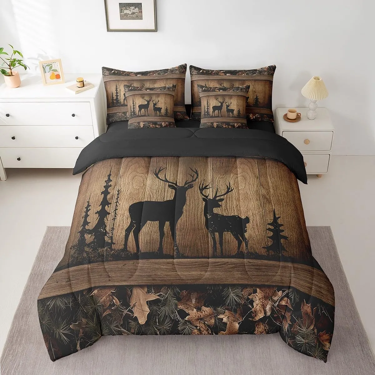 Erosebridal Rustic Cabin Bedding Sets 7 Piece Camo Hunting Deer Comforter Set Queen Farmhouse Woodland Animal Bed in A Bag for Kids Boys Teen Men,Tree Camouflage Wildlife Sheet Set with Comforter