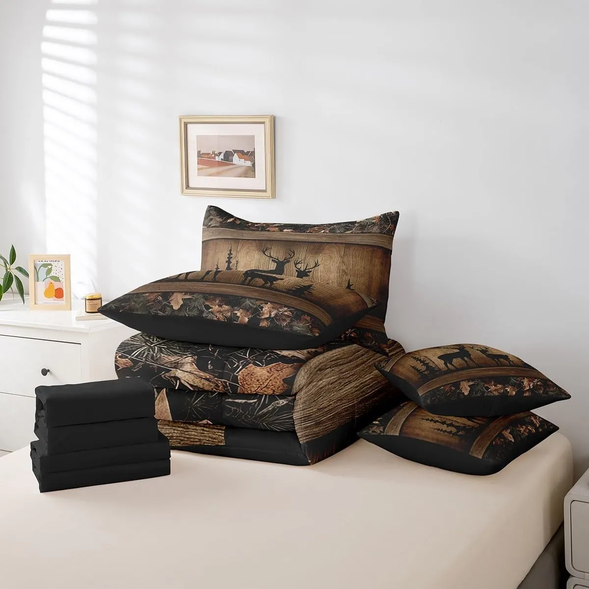 Erosebridal Rustic Cabin Bedding Sets 7 Piece Camo Hunting Deer Comforter Set Queen Farmhouse Woodland Animal Bed in A Bag for Kids Boys Teen Men,Tree Camouflage Wildlife Sheet Set with Comforter