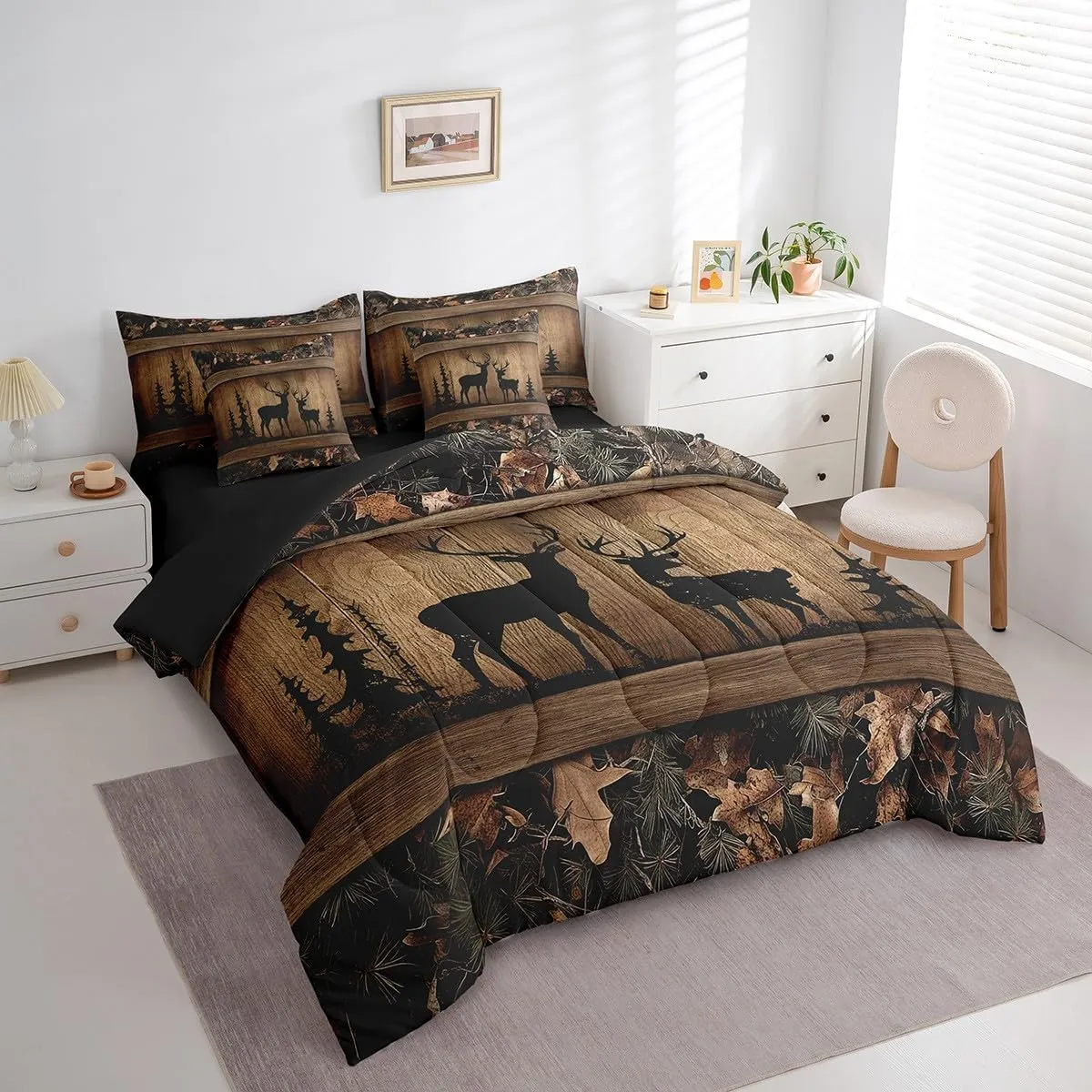 Erosebridal Rustic Cabin Bedding Sets 7 Piece Camo Hunting Deer Comforter Set Queen Farmhouse Woodland Animal Bed in A Bag for Kids Boys Teen Men,Tree Camouflage Wildlife Sheet Set with Comforter